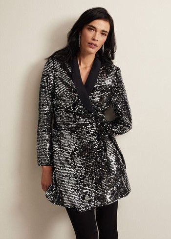 Phase Eight Brea Wrap Tuxe Sequin Dress Black Australia | LX9685234